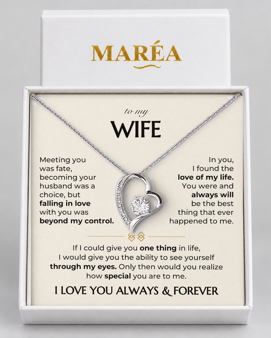 Always and Forever necklace in a MARÉA gift box with message card, silver-tone finish