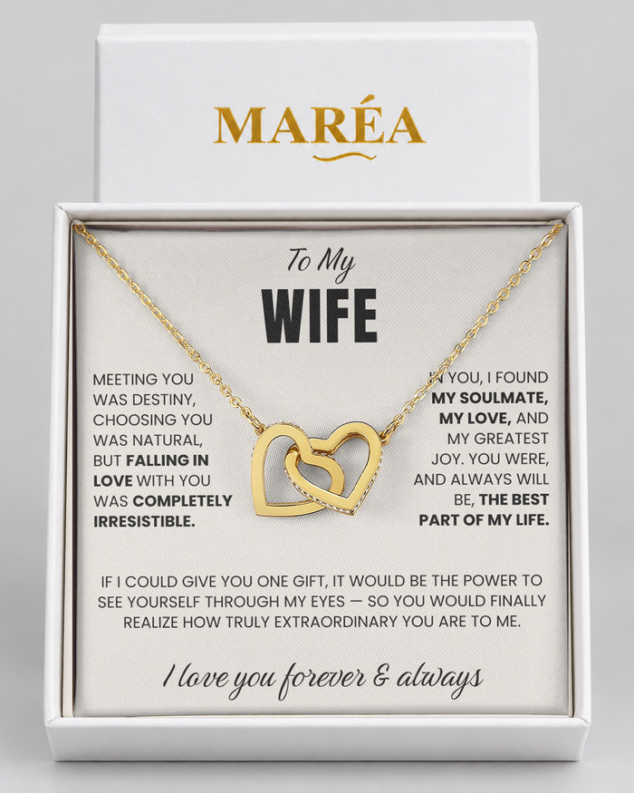 Connected Hearts necklace in a MARÉA gift box with message card, gold-tone finish