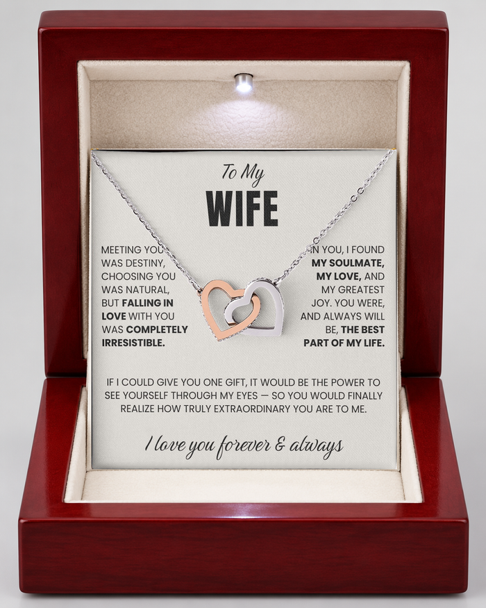Connected Hearts Necklace with Message Card for Wife, silver, Luxury Light-Up Box