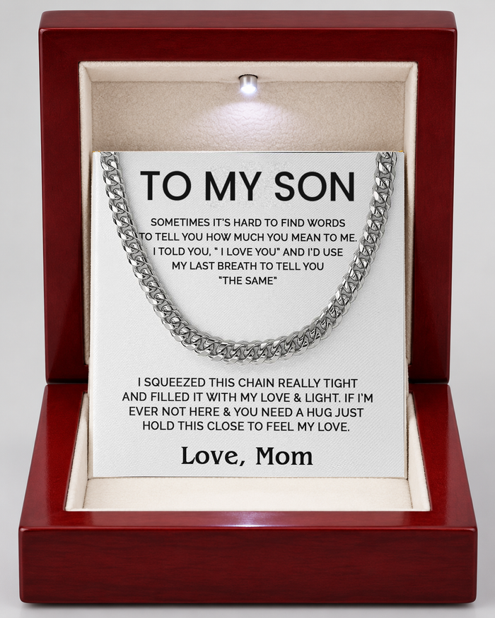 Cuban Chain Necklace with Message Card for Son, silver, Luxury Light-Up Box