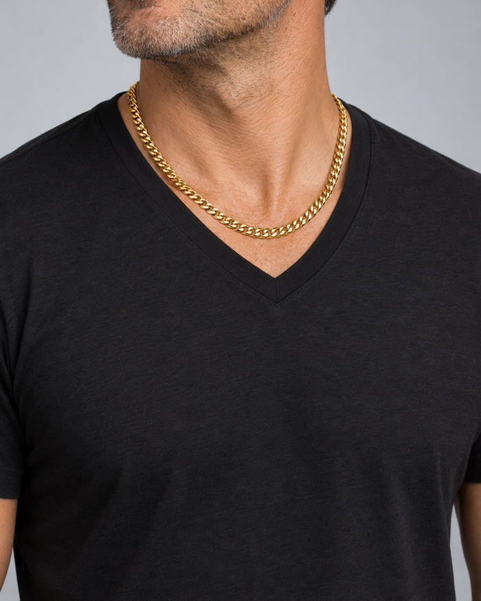 Man wearing the Cuban Chain necklace, gold-tone finish