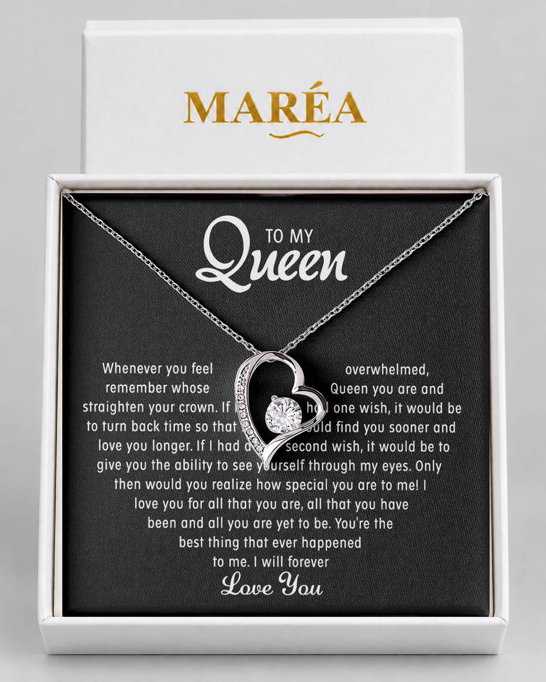 Forever Love necklace in a MARÉA gift box with message card, silver-tone finish