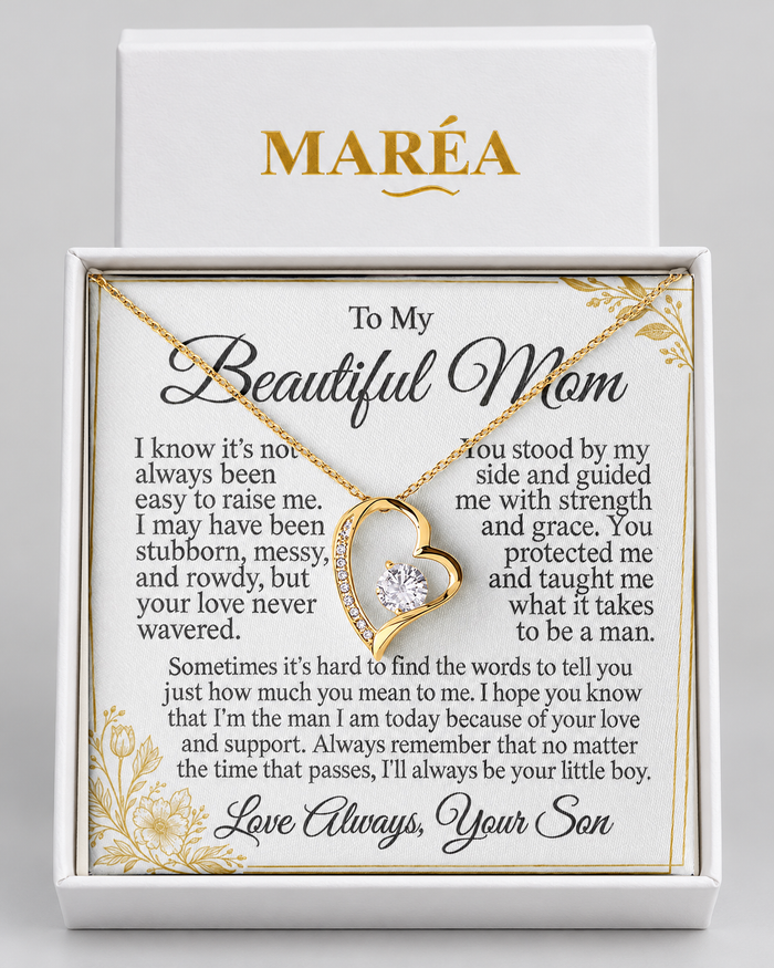 Forever Love necklace in a MARÉA gift box with message card, gold-tone finish
