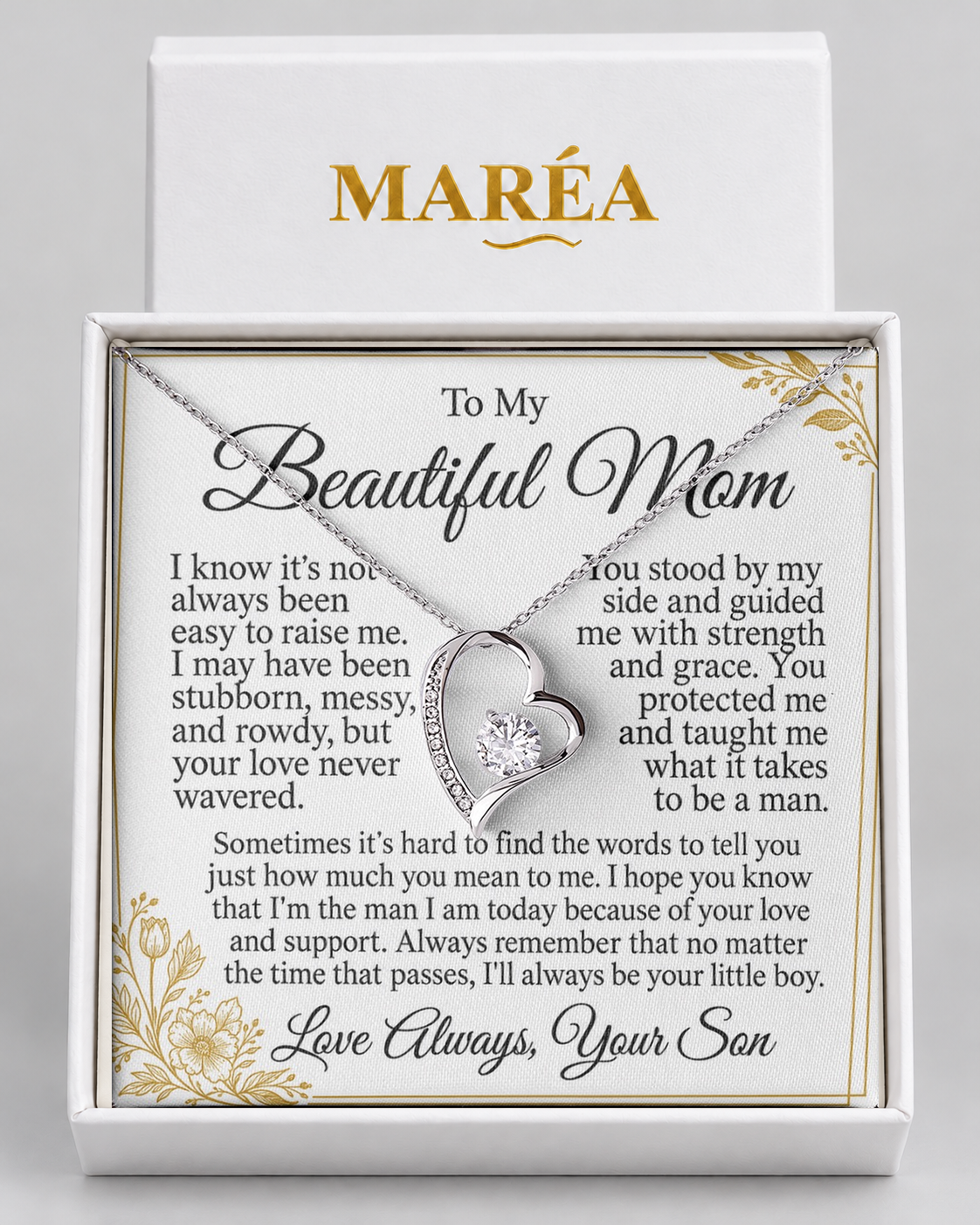 Forever Love necklace in a MARÉA gift box with message card, silver-tone finish