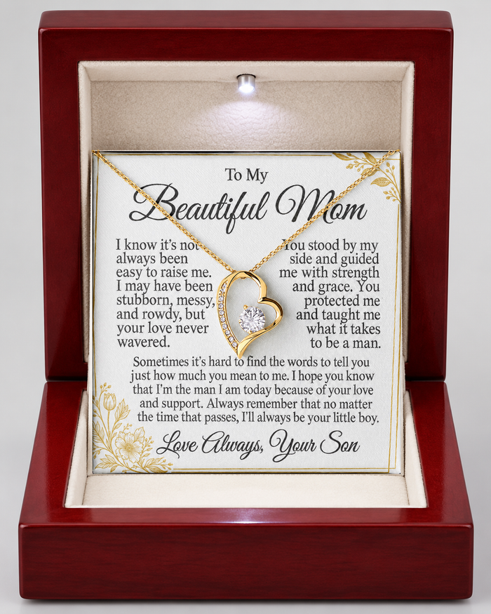 Forever Love necklace in a Luxury Light-Up Box with message card, gold-tone finish
