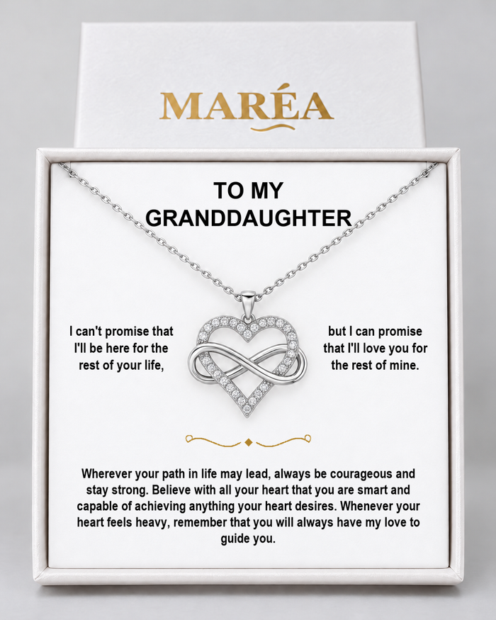 Infinity Heart necklace in a MARÉA gift box with message card, silver-tone finish