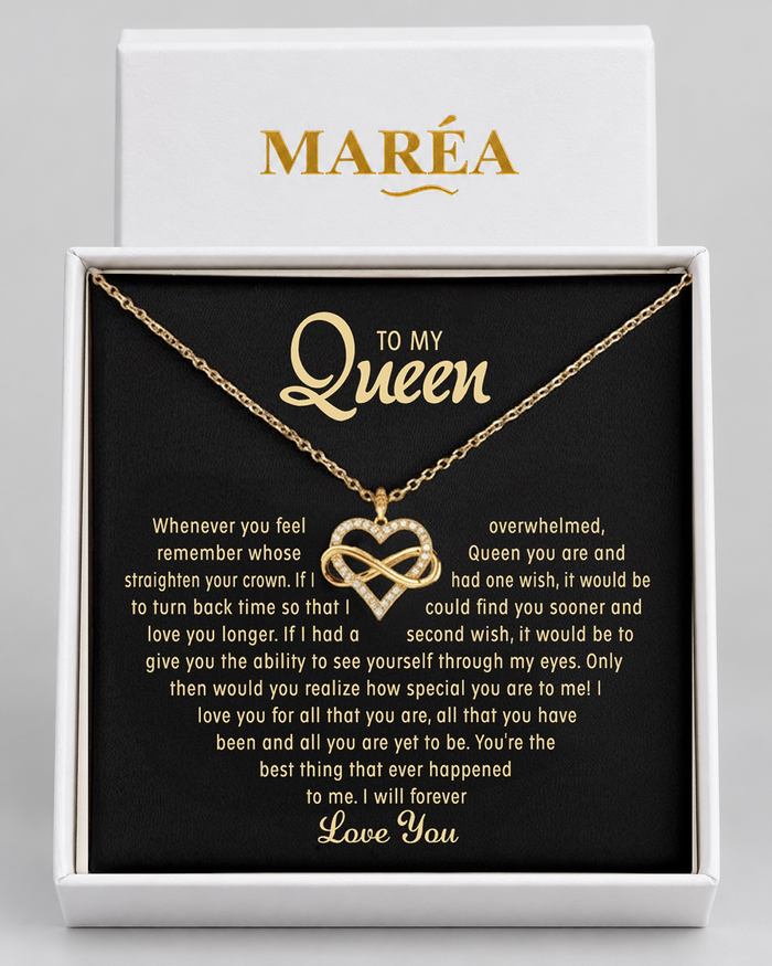 Infinity Heart necklace in a MARÉA gift box with message card, gold-tone finish