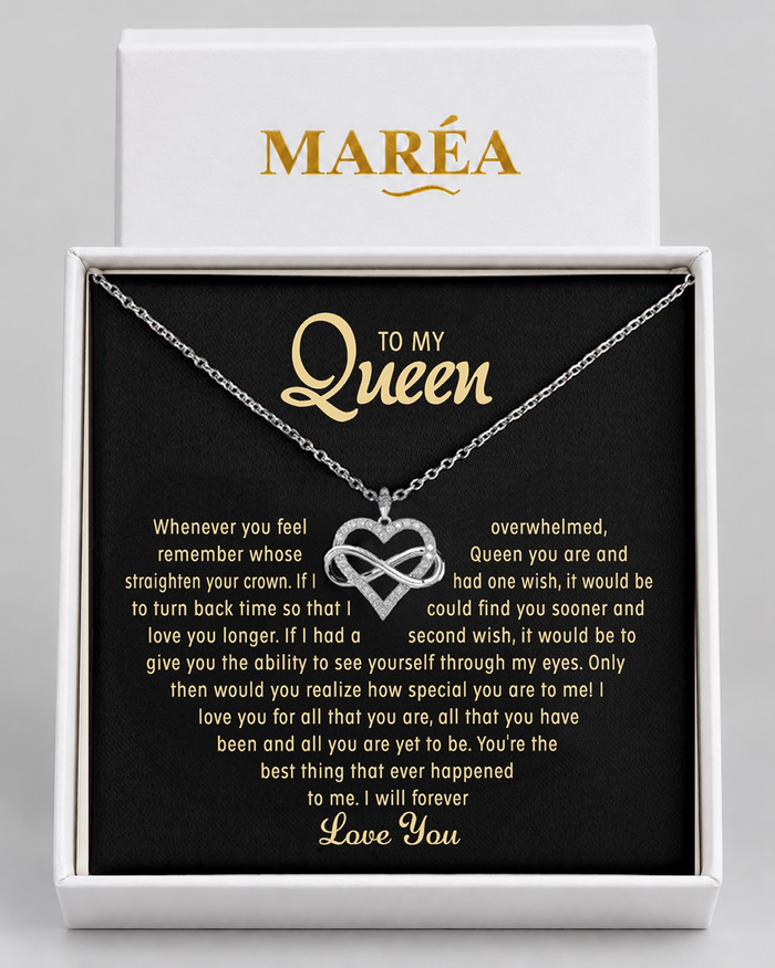 Infinity Heart necklace in a MARÉA gift box with message card, silver-tone finish