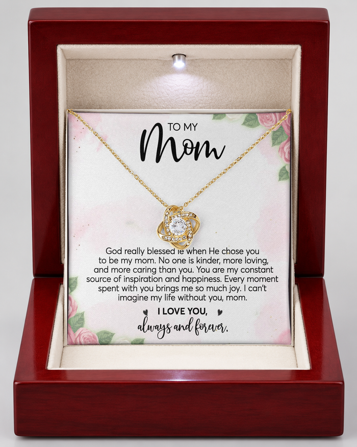 Love Knot necklace in a Luxury Light-Up Box with message card, gold-tone finish