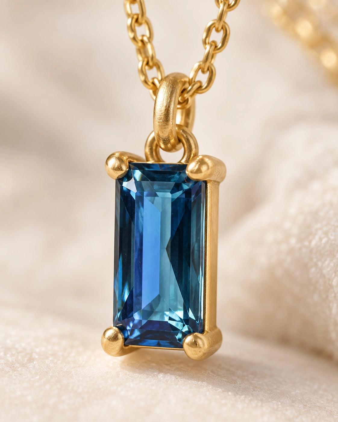 The Sea Glass Pendant - close-up of the emerald-cut stone in its gold prong setting | MAREA