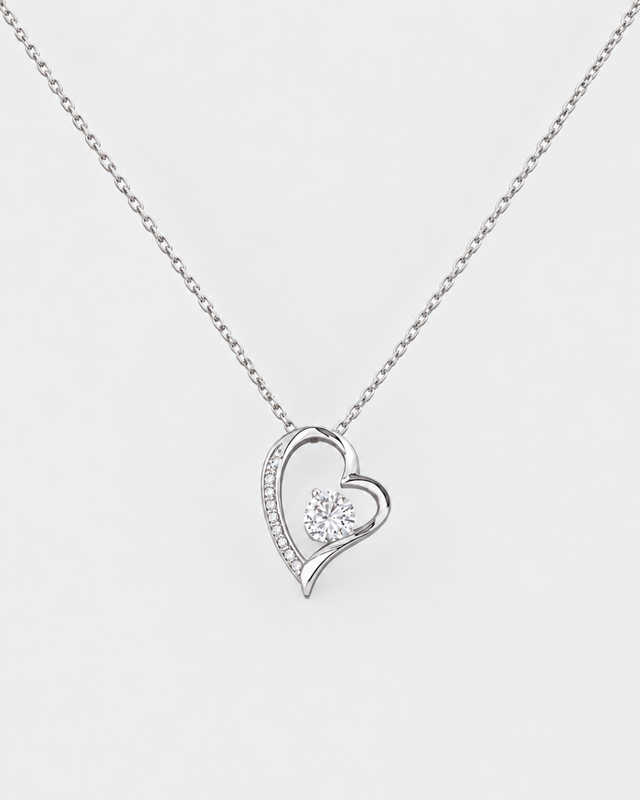 Always and Forever necklace in silver-tone stainless steel on a light grey background