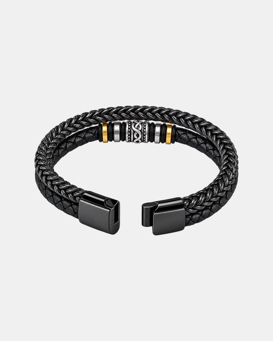Braided bracelet in black on a light grey background