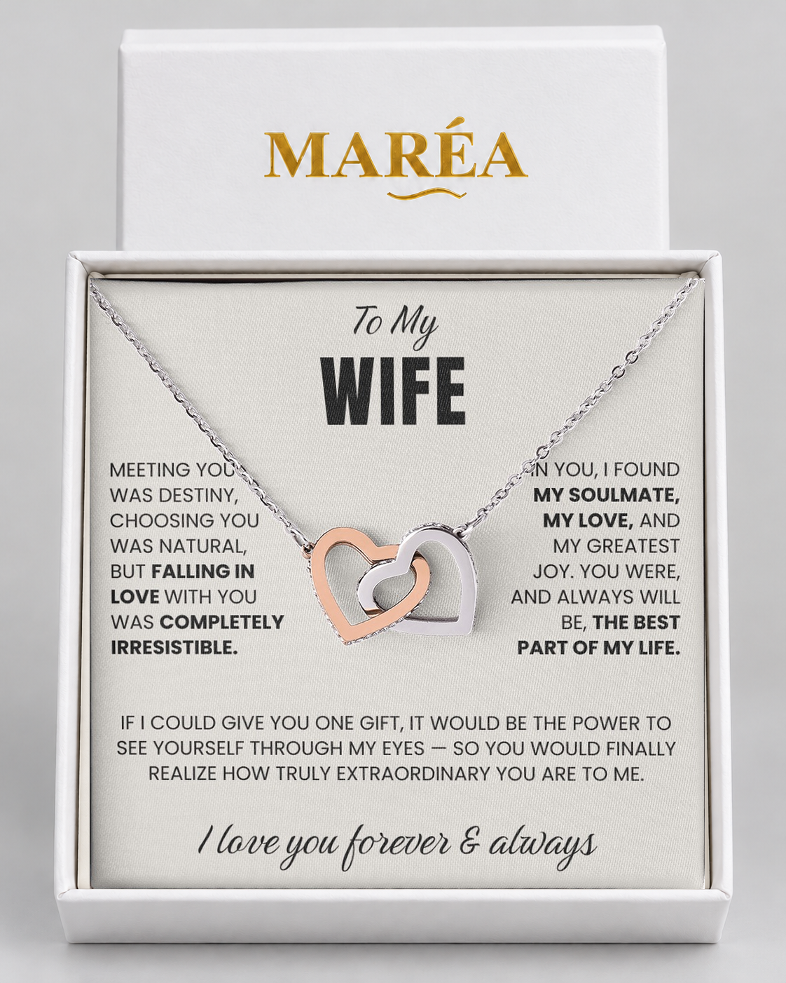 Connected Hearts necklace in a MARÉA gift box with message card, silver-tone finish