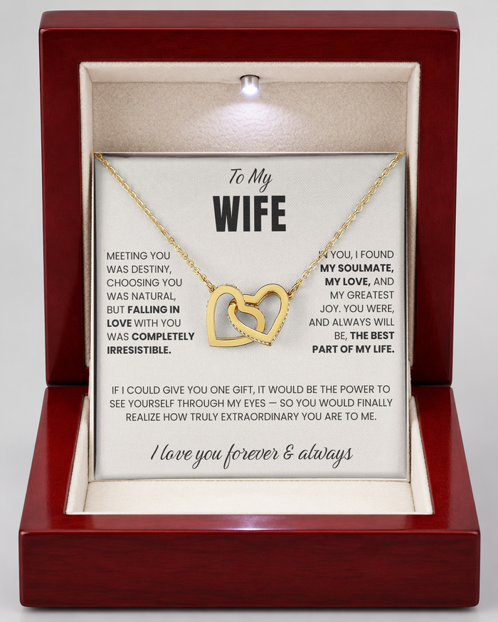 Connected Hearts necklace in a Luxury Light-Up Box with message card, gold-tone finish