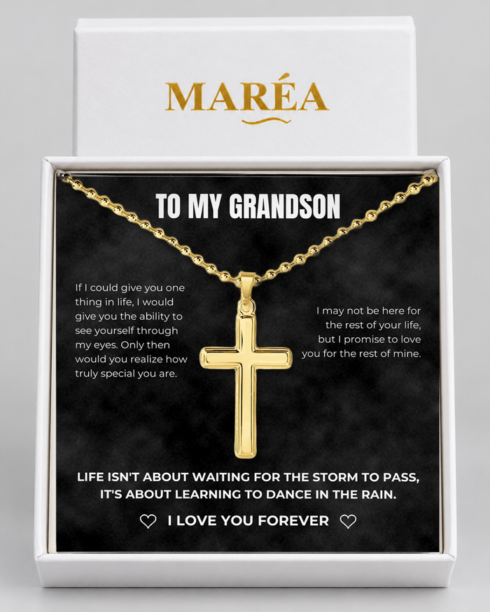 Cross necklace in a MARÉA gift box with message card, gold-tone finish
