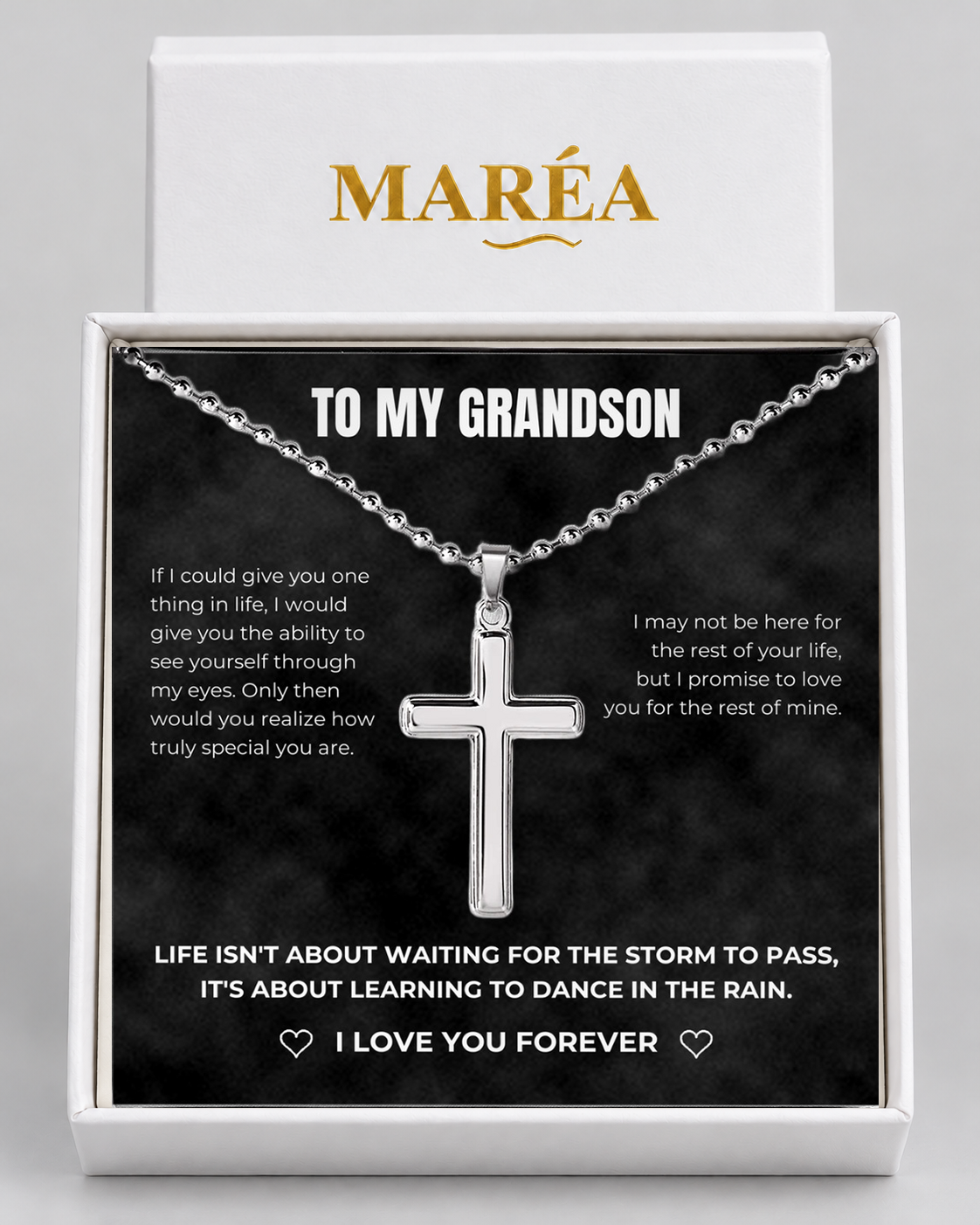 Cross necklace in a MARÉA gift box with message card, silver-tone finish