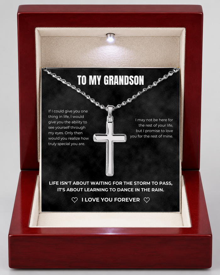 Cross Necklace with Message Card for Grandson, silver, Luxury Light-Up Box