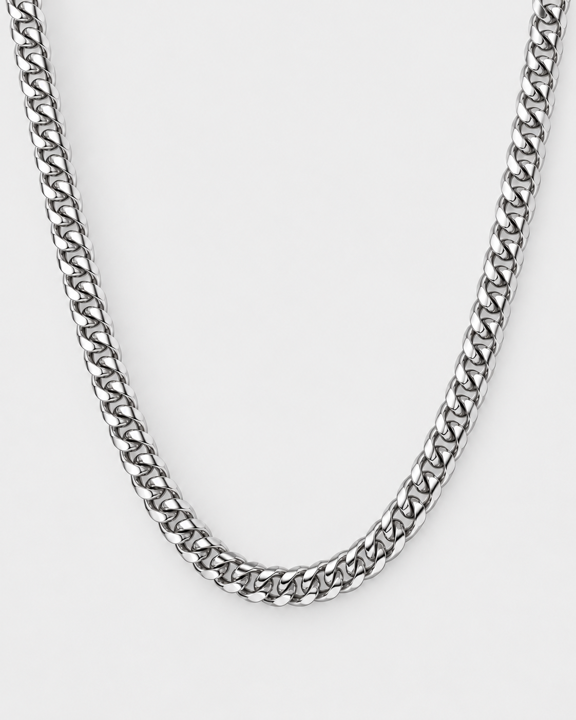 Cuban Chain necklace in silver-tone stainless steel on a light grey background