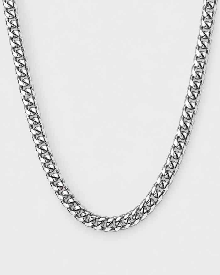 Cuban Chain necklace in silver-tone stainless steel on a light grey background
