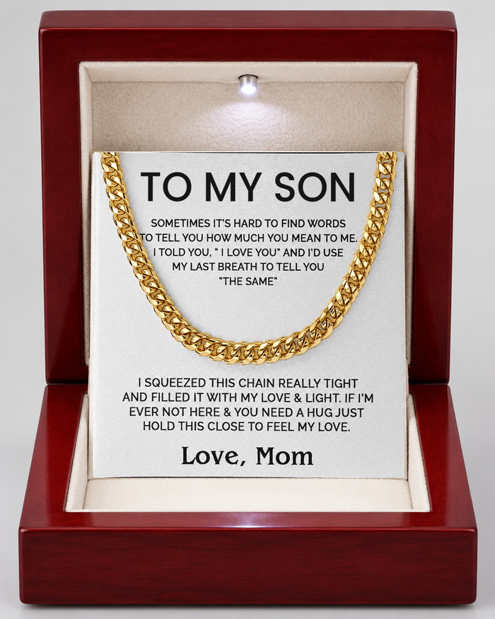 Cuban Chain necklace in a Luxury Light-Up Box with message card, gold-tone finish