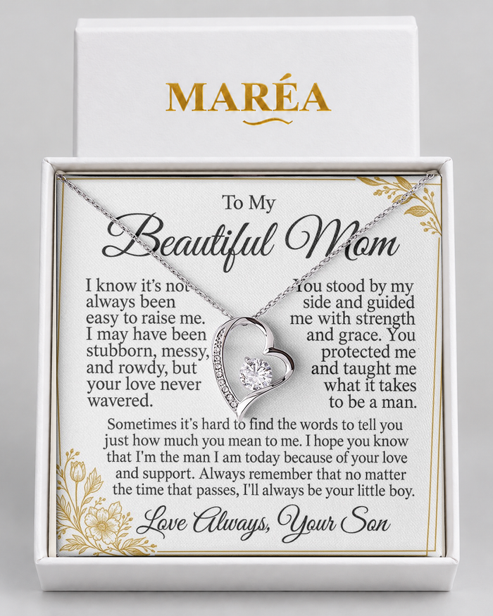 Forever Love necklace in a MARÉA gift box with message card, silver-tone finish