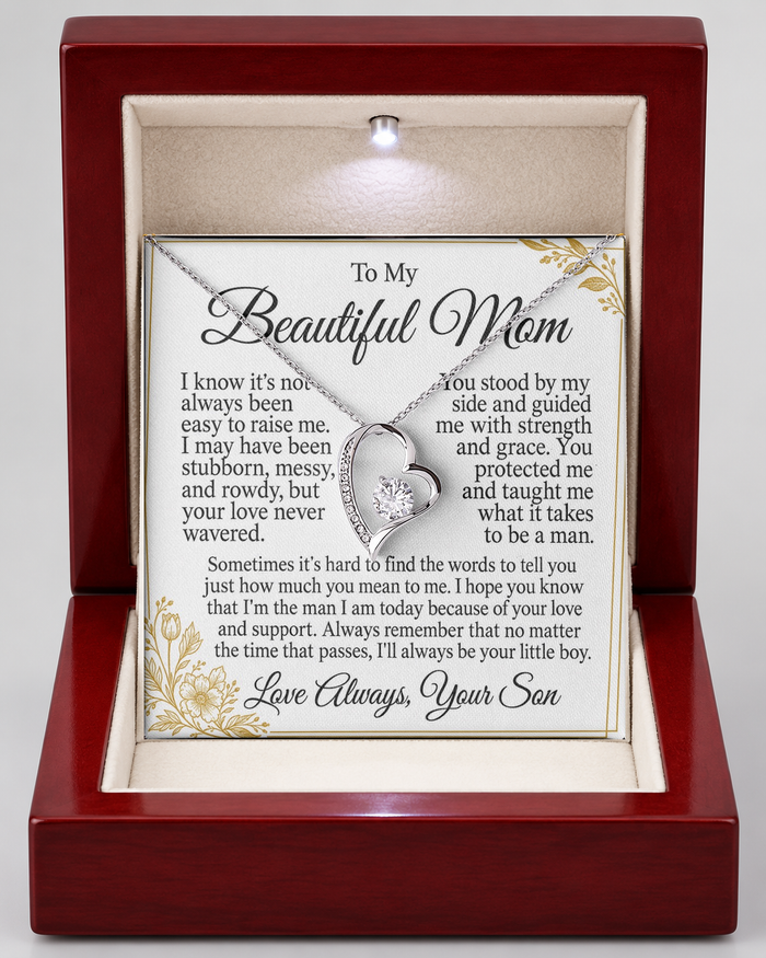 Forever Love Necklace with Message Card for Mom, silver, Luxury Light-Up Box