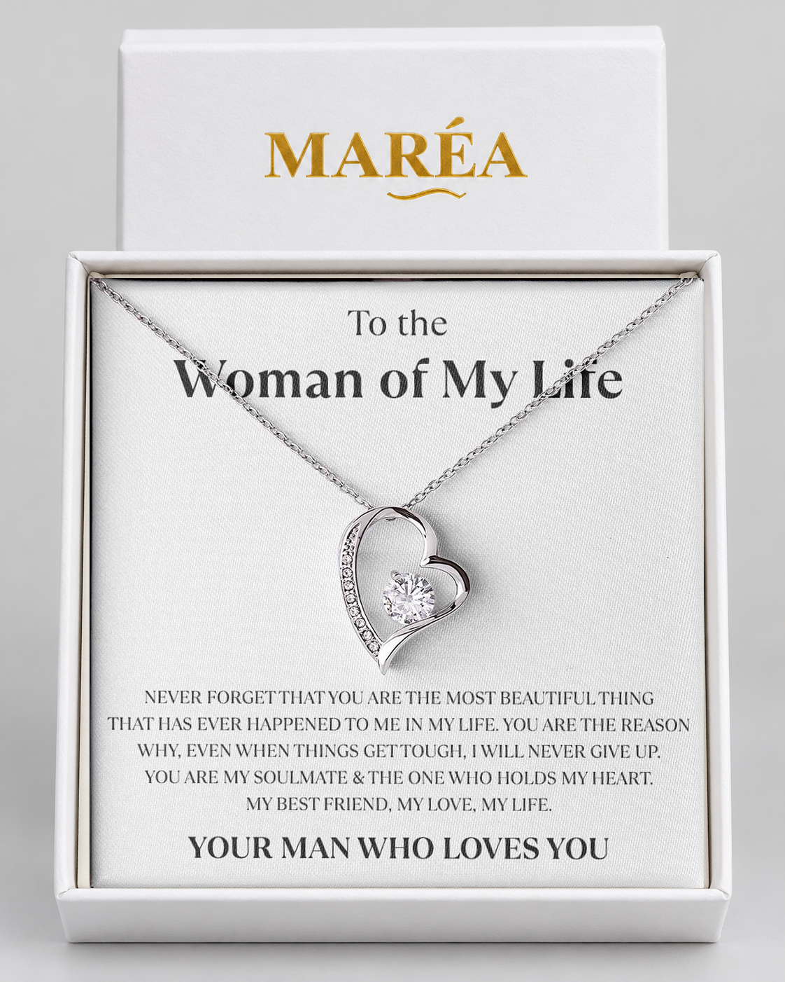 Forever Love necklace in a MARÉA gift box with message card, silver-tone finish