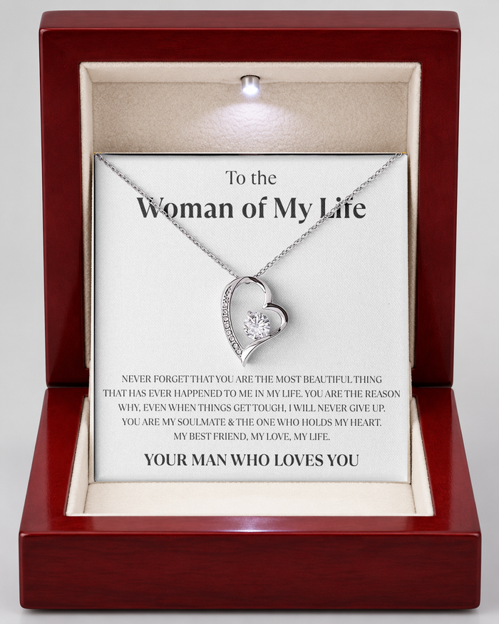 Forever Love Necklace with Message Card for Woman of My Life, silver, Luxury Light-Up Box