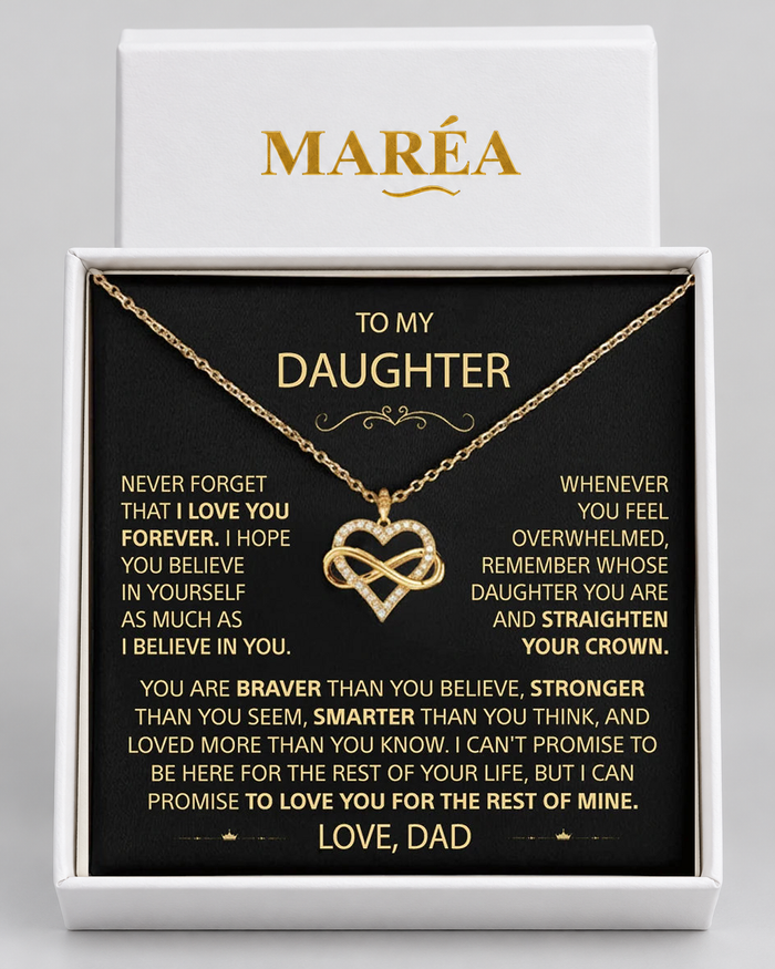 Infinity Heart necklace in a MARÉA gift box with message card, gold-tone finish