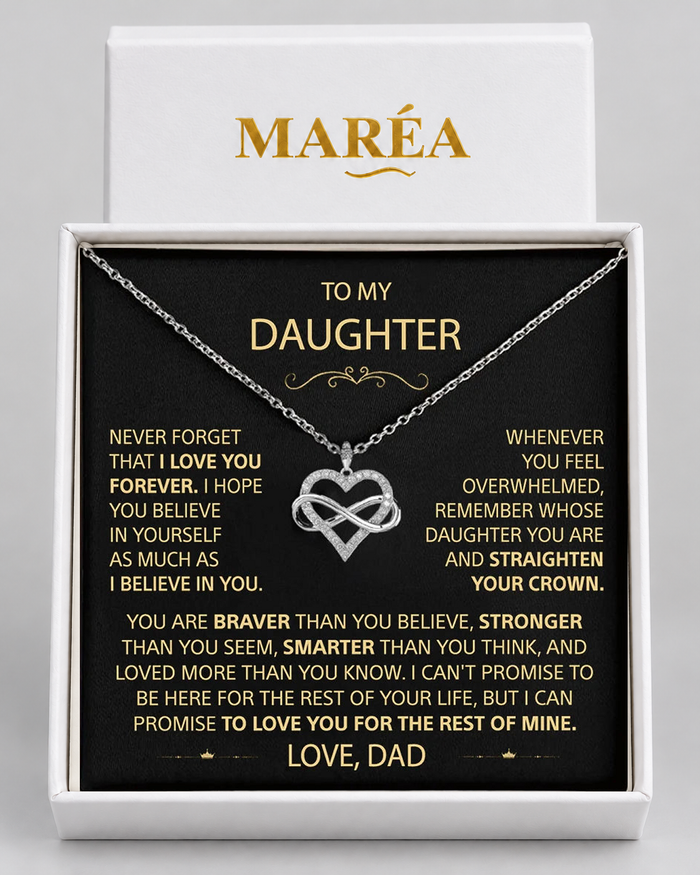 Infinity Heart necklace in a MARÉA gift box with message card, silver-tone finish