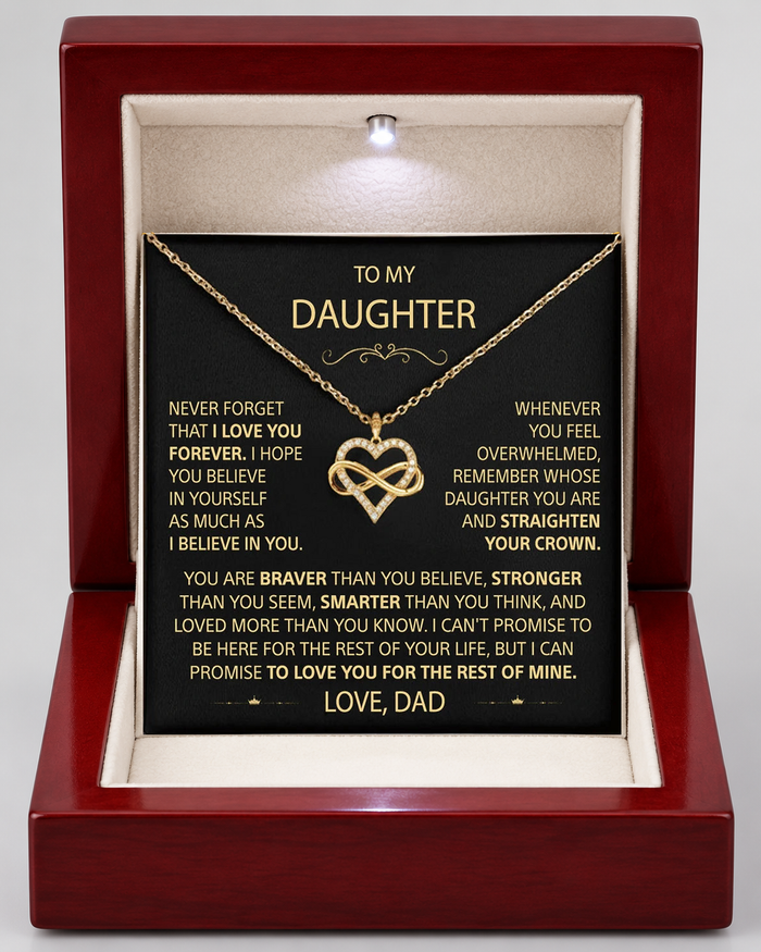 Infinity Heart necklace in a Luxury Light-Up Box with message card, gold-tone finish