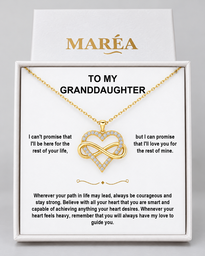 Infinity Heart necklace in a MARÉA gift box with message card, gold-tone finish