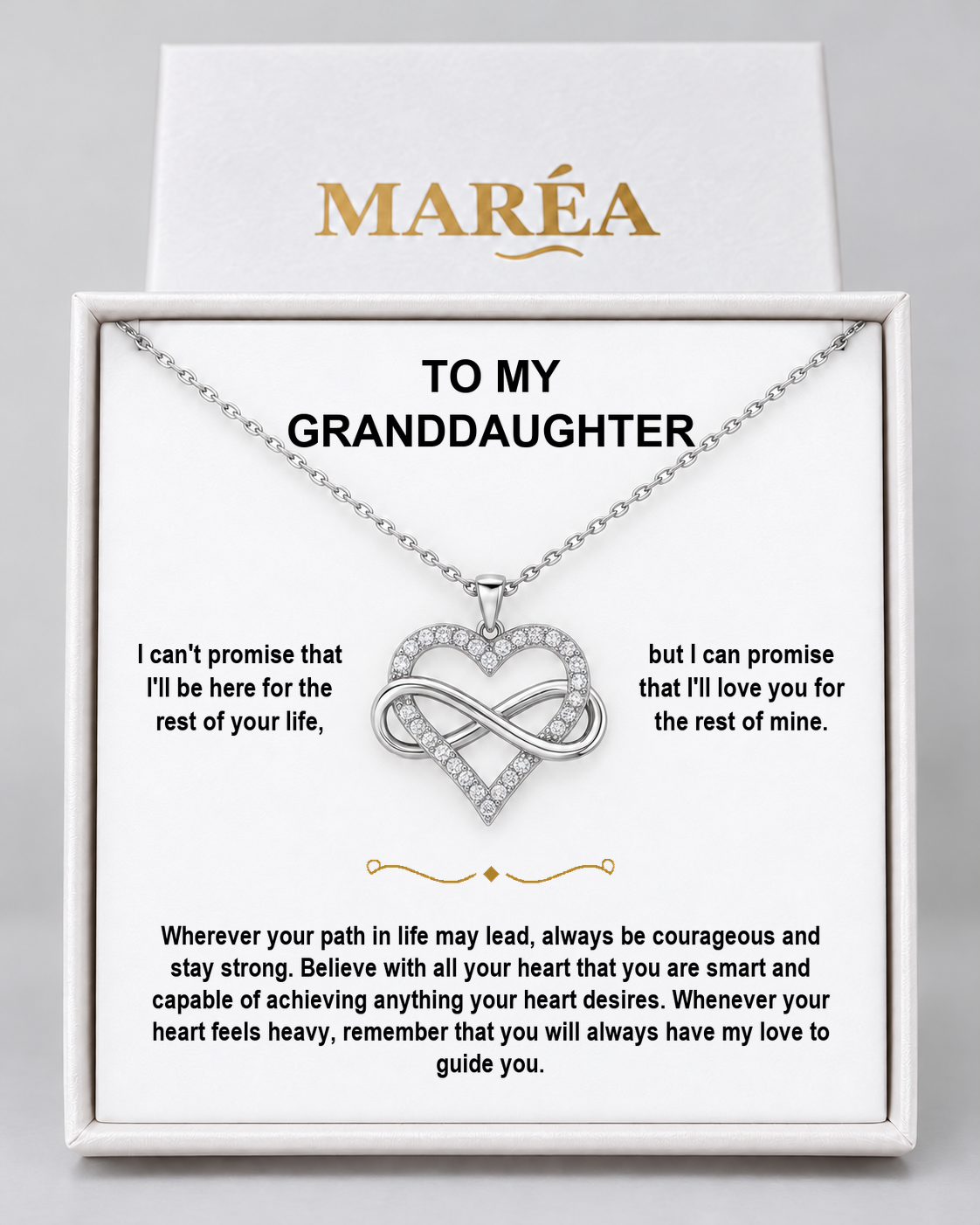 Infinity Heart necklace in a MARÉA gift box with message card, silver-tone finish