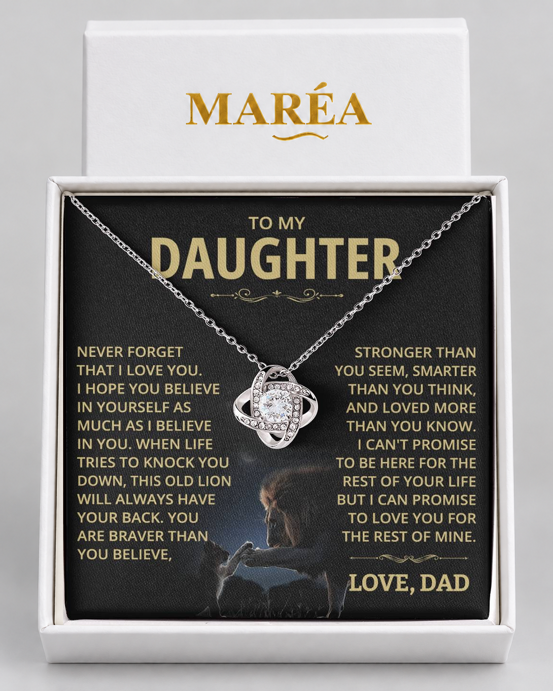 Love Knot necklace in a MARÉA gift box with message card, silver-tone finish