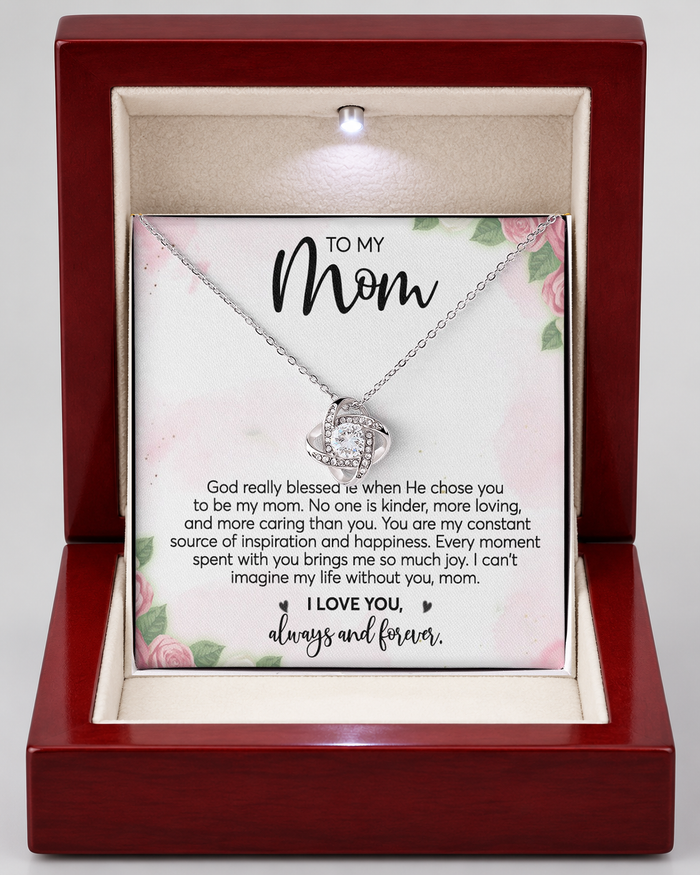 Love Knot Necklace with Message Card for Mom, silver, Luxury Light-Up Box