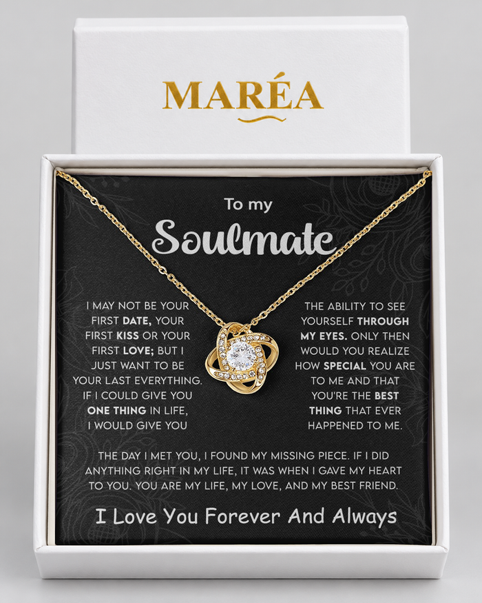Love Knot necklace in a MARÉA gift box with message card, gold-tone finish