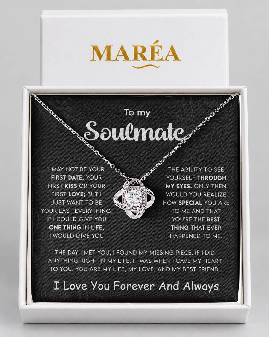 Love Knot necklace in a MARÉA gift box with message card, silver-tone finish