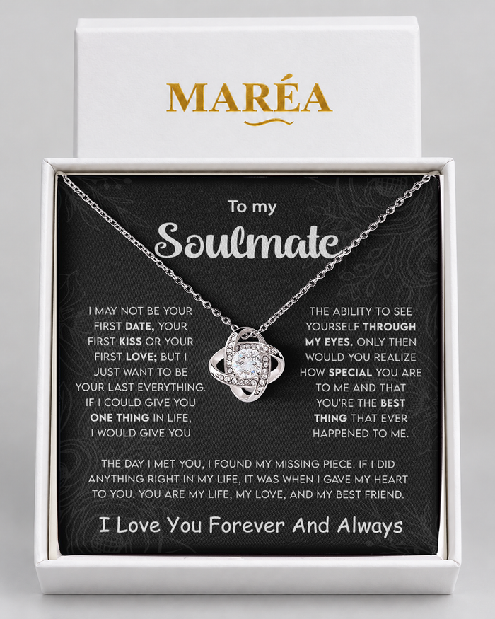 Love Knot necklace in a MARÉA gift box with message card, silver-tone finish